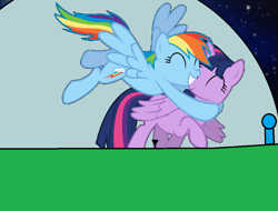 Size: 959x728 | Tagged: safe, derpibooru import, rainbow dash, twilight sparkle, twilight sparkle (alicorn), alicorn, pegasus, pony, female, glass dome, hug, lesbian, shipping, space, space car, twidash