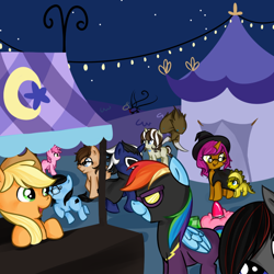 Size: 700x700 | Tagged: safe, artist:askpeaceful-shimmer, derpibooru import, applejack, rainbow dash, ruby pinch, oc, oc:aulann, oc:full force, oc:john redmond, oc:lovelace, oc:peaceful shimmer, oc:prosopeio, oc:silver overlord, oc:sweet star, earth pony, pegasus, pony, clothes, costume, female, filly, nightmare night costume, shadowbolts costume