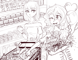 Size: 1300x1000 | Tagged: safe, artist:zorbitas, maud pie, pinkie pie, fanfic:fractured sunlight, equestria girls, balloon, fanfic art, food, grocery store, humanized, monochrome, party supplies, shopping, shopping cart