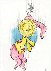 Size: 2000x2749 | Tagged: safe, artist:ecmonkey, angel bunny, fluttershy, pegasus, pony, eyes closed, falling, pegabunny, screaming, traditional art, wheel o feet