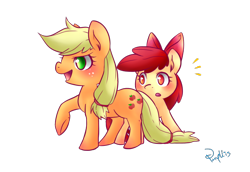 Size: 800x550 | Tagged: safe, artist:phyllismi, apple bloom, applejack, earth pony, pony, hatless, missing accessory, pixiv, simple background, transparent background