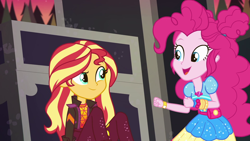 Size: 1920x1080 | Tagged: safe, screencap, pinkie pie, sunset shimmer, better together, equestria girls, sunset's backstage pass!, female, geode of sugar bombs, magical geodes, music festival outfit