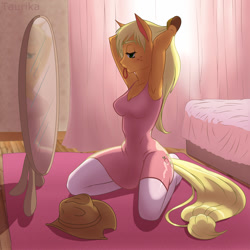 Size: 1200x1200 | Tagged: safe, artist:taurika, applejack, anthro, earth pony, unguligrade anthro, applejack's hat, applerack, armpits, bed, bedroom, breasts, brushing mane, clothes, cowboy hat, female, hair tie, hat, lidded eyes, mare, mirror, mouth hold, socks, solo, thigh highs