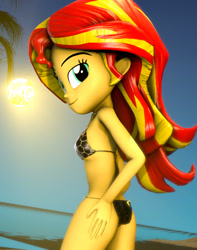 Size: 853x1080 | Tagged: safe, artist:kyloren2000, sunset shimmer, equestria girls, 3d, beach, bikini, bikini bottom, bikini top, clothes, female, hand on hip, looking at you, looking back, looking back at you, solo, source filmmaker, sun, swimsuit