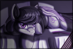 Size: 900x601 | Tagged: safe, artist:inuhoshi-to-darkpen, octavia melody, earth pony, pony, bed, female, frown, insomnia, mare, night, prone, solo