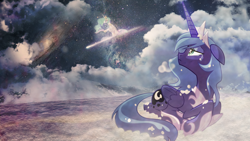 Size: 1920x1080 | Tagged: safe, artist:equestria-prevails, artist:rizcifra, artist:vipeydashie, edit, princess celestia, princess luna, alicorn, pony, female, filly, mare, photoshop, snow, space, wallpaper, wallpaper edit, woona, younger