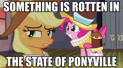 Size: 902x500 | Tagged: safe, screencap, applejack, chancellor puddinghead, pinkie pie, smart cookie, earth pony, pony, image macro, meme, shakespearean insults