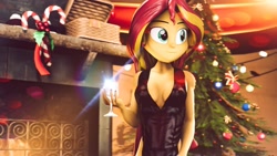 Size: 1920x1080 | Tagged: safe, artist:kyloren2000, sunset shimmer, equestria girls, 2020, 3d, candy, candy cane, christmas, christmas tree, clothes, dress, fireplace, food, happy new year, happy new year 2020, holiday, solo, source filmmaker, tree