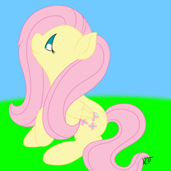 Size: 1000x1000 | Tagged: safe, artist:artisticpup, fluttershy, pegasus, pony, folded wings, looking away, looking up, no pupils, raised hoof, sitting, smiling, solo