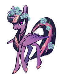 Size: 562x711 | Tagged: safe, artist:shacklefunk, derpibooru import, twilight sparkle, twilight sparkle (alicorn), alicorn, pony, female, flower in hair, mare, simple background, solo, white background