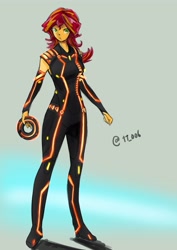 Size: 2893x4092 | Tagged: safe, artist:oberon826, sunset shimmer, equestria girls, crossover, disc, female, high res, looking at you, solo, suspended, tron