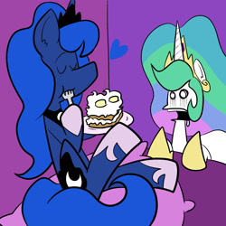 Size: 2400x2400 | Tagged: safe, artist:pembroke, princess celestia, princess luna, alicorn, pony, cake, cakelestia, celestia is not amused, duo, eating, eyes closed, food, fork, open mouth, royal sisters, sitting, stickluna, thiklestia, this will end in pain, this will end in tears and/or a journey to the moon