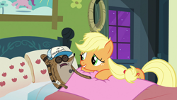 Size: 960x540 | Tagged: safe, applejack, earth pony, pony, apple family reunion, bed, crossover, not creepy, regular show, rigby