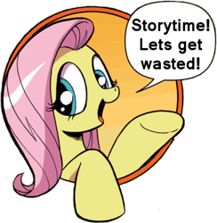 Size: 421x431 | Tagged: safe, artist:andypriceart, edit, idw, fluttershy, pegasus, pony, bad advice fluttershy, blue eyes, dialogue, exploitable meme, female, mare, meme, open mouth, pink mane, raised hoof, raised leg, simple background, smiling, solo, speech bubble, talking to viewer, underhoof, yellow coat