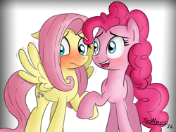 Size: 1280x960 | Tagged: safe, artist:thealjavis, fluttershy, pinkie pie, earth pony, pegasus, pony, blushing, female, flutterpie, holding hooves, lesbian, shipping