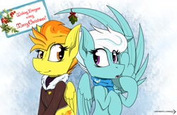 Size: 1108x721 | Tagged: safe, artist:dangercloseart, derpibooru import, fleetfoot, spitfire, christmas, clothes, female, fleetfire, holly, holly mistaken for mistletoe, lesbian, shipping