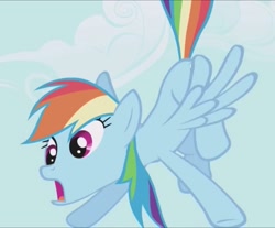 Size: 869x720 | Tagged: safe, derpibooru import, screencap, rainbow dash, pegasus, pony, applebuck season, best pony, cropped, solo, warning