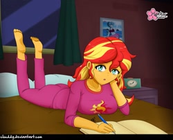 Size: 1235x1000 | Tagged: safe, alternate version, artist:clouddg, edit, editor:thomasfan45, sonata dusk, sunset shimmer, better together, equestria girls, forgotten friendship, barefoot, bed, bedroom, book, breasts, clock, clothes, curtains, cute, feet, female, looking at you, pajamas, pen, photo, pillow, shimmerbetes, signature, solo, sunset jiggler, sunset's apartment, table, window, writing