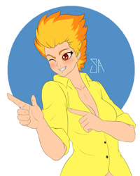 Size: 1280x1600 | Tagged: safe, artist:souladdicted, derpibooru import, spitfire, human, blushing, finger gun, finger guns, grin, humanized, one eye closed, pointing, simple background, smiling, solo, wink