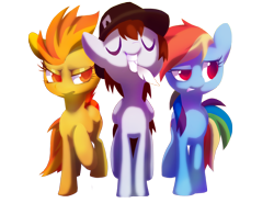 Size: 2316x1714 | Tagged: safe, artist:dawnfire, derpibooru import, rainbow dash, spitfire, oc, oc:hat trick, pegasus, pony, commission