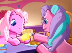 Size: 1032x767 | Tagged: safe, screencap, pinkie pie, pinkie pie (g3), sweetberry, earth pony, pony, g3, positively pink, cupcake, food, frosting