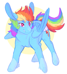 Size: 651x722 | Tagged: safe, artist:wytchwoods, derpibooru import, rainbow dash, pegasus, pony, abstract background, big ears, circle background, colored pupils, eyebrows visible through hair, female, leg fluff, long ears, mare, simple background, solo, two toned wings, wings