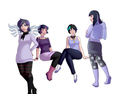 Size: 3300x2550 | Tagged: safe, alternate version, artist:emberfan11, derpibooru import, mean twilight sparkle, twilight sparkle, oc, oc:moonlight nova, oc:moonshine twinkle, oc:nightfall blitz, human, the mean 6, alicorn amulet, alternate hairstyle, bedroom eyes, black socks, blushing, boots, bra, bra strap, bracelet, breasts, canon x oc, choker, clothes, commission, ear piercing, earring, eyeshadow, family, female, flats, humanized, icey-verse, jeans, jewelry, lesbian, lightbulb, lipstick, looking at each other, magical lesbian spawn, makeup, meanshine, miniskirt, mother and child, mother and daughter, multicolored hair, nail polish, necklace, offspring, pants, pantyhose, parent and child, parent:mean twilight sparkle, parent:oc:moonshine twinkle, parents:canon x oc, parents:meanshine, piercing, scarf, shipping, shirt, shoes, siblings, simple background, sisters, skirt, smiling, smirk, smug, socks, stockings, striped socks, sweater, tanktop, tattoo, thigh highs, transparent background, underwear, wall of tags, wings, wristband