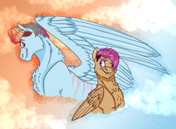 Size: 3186x2350 | Tagged: safe, artist:xxhuntersguardianxx, derpibooru import, rainbow dash, scootaloo, pegasus, pony, abstract background, alternate hairstyle, chest fluff, duo, eye scar, female, gap teeth, grin, hair over one eye, large wings, looking at each other, mare, older, one wing out, scar, scootalove, sidemouth, smiling, wings