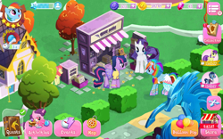 Size: 1280x800 | Tagged: safe, derpibooru import, screencap, apple bloom, rainbow dash, rarity, sugar belle, symphony, twilight sparkle, pegasus, pony, unicorn, alternate hairstyle, balloon, book, book of friendship, bush, clothes, dress, house, rainbow dash always dresses in style, shop, stand, statue, tree