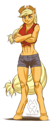 Size: 773x1773 | Tagged: safe, artist:mykegreywolf, applejack, anthro, unguligrade anthro, abs, applebucking thighs, belly button, chest freckles, clothes, crossed arms, daisy dukes, front knot midriff, midriff, shorts, shoulder freckles, solo, standing