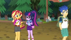 Size: 1920x1080 | Tagged: safe, screencap, flash sentry, sci-twi, sunset shimmer, twilight sparkle, equestria girls, legend of everfree, awkward, backpack, camp everfree logo, camp everfree outfits, friendzone sentry, glasses, hands in pockets, legs, ponytail, shipping denied