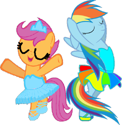 Size: 626x642 | Tagged: safe, artist:angrymetal, derpibooru import, rainbow dash, scootaloo, pegasus, pony, arms in the air, ballerina, ballerinas, ballet, ballet dancing, ballet slippers, clothes, dancing, dasherina, eyes closed, open mouth, pas de deux, rainbowrina, scootarina, scootutu, simple background, smiling, transparent background, tutu, tutus