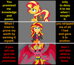 Size: 1134x1003 | Tagged: safe, artist:silverbuller, sunset satan, sunset shimmer, demon, pony, unicorn, equestria girls, equestria girls (movie), bag, big crown thingy, don't dead open inside, element of magic, evil, female, jewelry, mare, regalia, saddle bag, text