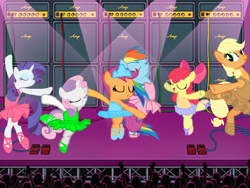 Size: 960x720 | Tagged: safe, artist:angrymetal, derpibooru import, apple bloom, applejack, rainbow dash, rarity, scootaloo, sweetie belle, earth pony, pegasus, pony, unicorn, applerina, arms in the air, audience, ballerina, ballerinas, ballet, ballet dancing, ballet slippers, bloomerina, clothes, cutie mark crusaders, dasherina, earth ponies, eyes closed, eyes open, on one leg, open mouth, pas de six, rainbowrina, raririna, scootarina, scootutu, smiling, spotlights, stage, sweetierina, tutu, tutus