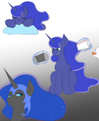 Size: 2700x3300 | Tagged: safe, artist:skyearts, nightmare moon, princess celestia, princess luna, alicorn, pony, cake, female, food, gamer luna, mare, pillow, sleeping, solo