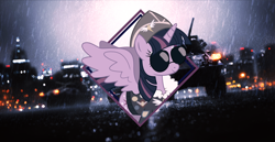 Size: 1404x723 | Tagged: safe, artist:sprakle, derpibooru import, twilight sparkle, twilight sparkle (alicorn), alicorn, pony, ancient wonderbolts uniform, city, clothes, commander easy glider, cosplay, female, glasses, hat, jacket, mare, rain, solo, vector, wallpaper