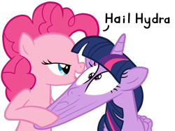 Size: 2376x1778 | Tagged: safe, artist:thecheeseburger, derpibooru import, pinkie pie, twilight sparkle, twilight sparkle (alicorn), alicorn, earth pony, pony, female, hail hydra, mare, stretching