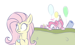 Size: 1280x768 | Tagged: safe, artist:heir-of-rick, fluttershy, pinkie pie, earth pony, pegasus, pony, balloon, behind you, birthday, giggling, lurking, party cannon, present, sketch, soon