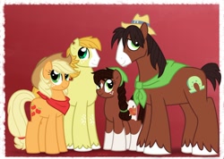 Size: 1060x753 | Tagged: safe, artist:faith-wolff, applejack, trouble shoes, oc, oc:crispin cider, oc:honeycrisp apple, earth pony, pony, blaze (coat marking), clothes, faithverse, family photo, female, haircut, male, next generation, offspring, parent:applejack, parent:troubleshoes clyde, parents:troublejack, red background, scarf, shipping, simple background, socks (coat marking), star (coat marking), straight, torn ear, troublejack