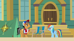 Size: 1920x1080 | Tagged: safe, derpibooru import, screencap, quibble pants, rainbow dash, earth pony, pegasus, pony, common ground, chair, tent