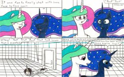 Size: 3289x2059 | Tagged: safe, artist:eternaljonathan, princess celestia, princess luna, oc, oc:nemo, alicorn, pony, comic:a new twist, comic, exhausted, female, guardian, mare, royal sisters, science fiction, tired, traditional art