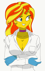 Size: 828x1305 | Tagged: safe, artist:drunken bubblez, derpibooru exclusive, sunset shimmer, equestria girls, breasts, choker, cleavage, clothes, female, gloves, lab coat, reasonably sized breasts, simple background, solo
