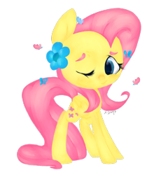 Size: 950x1081 | Tagged: safe, artist:psicommander, fluttershy, butterfly, pegasus, pony, flower, flower in hair, folded wings, looking at you, simple background, solo, standing, transparent background, wink