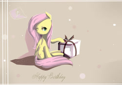 Size: 2573x1804 | Tagged: safe, artist:finoladays, fluttershy, pegasus, pony, card, folded wings, happy birthday, head turn, looking at you, music notes, present, sitting, solo, speech bubble, wink