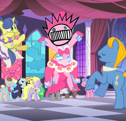 Size: 650x622 | Tagged: safe, edit, edited screencap, screencap, lyrica lilac, perfect pace, pinkie pie, royal ribbon, earth pony, pony, the best night ever, boognish, canterlot, dancing, forced meme, grand galloping gala, meme, party, ween