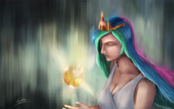 Size: 5164x3240 | Tagged: safe, artist:cattle32, princess celestia, human, absurd resolution, clothes, crown, humanized, jewelry, magic, multicolored hair, regalia, solo