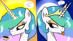 Size: 1024x576 | Tagged: safe, artist:susanzx2000, princess celestia, alicorn, pony, 2 panel comic, coffee, comic, female, magic, mare, messy mane, moon, night, solo, stars, telekinesis, tongue out, watermark