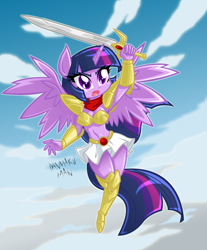 Size: 1990x2400 | Tagged: safe, artist:danmakuman, derpibooru import, twilight sparkle, twilight sparkle (alicorn), alicorn, anthro, ambiguous facial structure, armor, armpits, belly button, breasts, cleavage, clothes, cloud, cloudy, female, headlight sparkle, midriff, mugen senshi valis, skirt, sky, solo, sword, unconvincing armor, valis, weapon, yuko asou