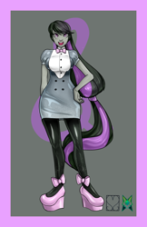 Size: 828x1280 | Tagged: safe, artist:srasomeone, derpibooru import, part of a set, octavia melody, equestria girls, alternate hairstyle, blouse, bow, bowtie, breasts, clothes, cutie mark background, dress, female, gray background, hand on hip, latex, long hair, looking at you, open mouth, orbtavia, pantyhose, platform heels, ponytail, rainbow power, rainbow power-ified, shiny, shirt, simple background, smiling, solo
