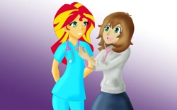 Size: 1024x641 | Tagged: safe, artist:tigerssunshyn, sunset shimmer, oc, oc:healing touch, equestria girls, checkup, clothes, excited, hoodie, listening, nurse, scrubs, stethoscope, teaching